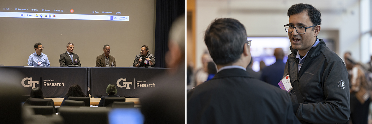 Panel discussion at Georgia Tech Research event with four speakers seated at a table on stage, and a separate scene showing two attendees engaged in conversation during networking.